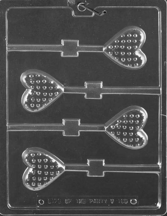POLKA DOT HEART Lollipop chocolate mold with heart-shaped lollipop cavities accented with polka dot textures.