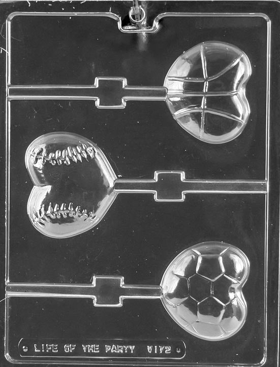 SPORTS HEARTS Lollipop chocolate mold showing heart lollipop cavities with sporty accents; clear mold.