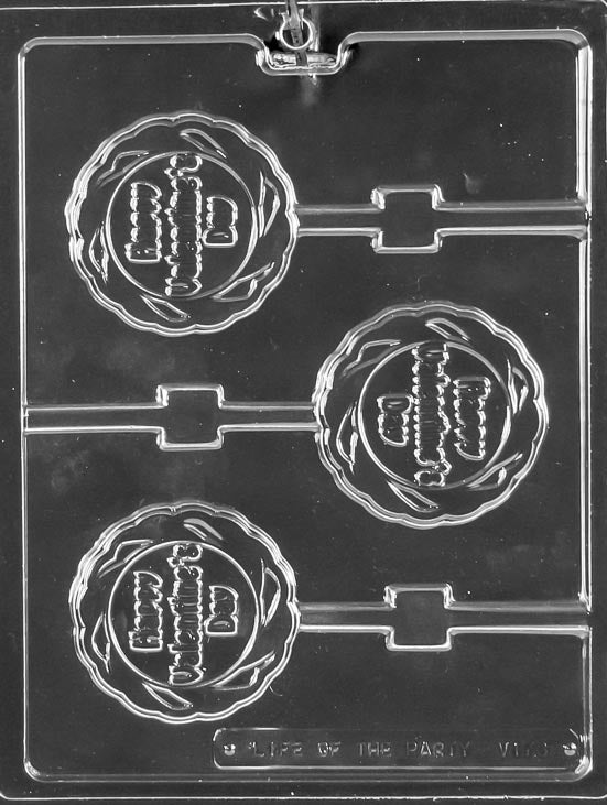 HAPPY VALENTINE’S DAY Lollipop mold with embossed holiday message on heart-shaped cavities.
