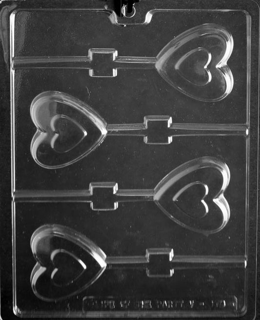 HEART IN HEART Lollipop mold with layered heart lollipop cavities; clear sheet.