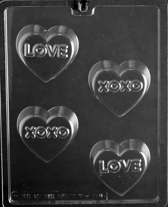 LOVE, XO, HEART COOKIE mold showing heart and XO cookie cavities.