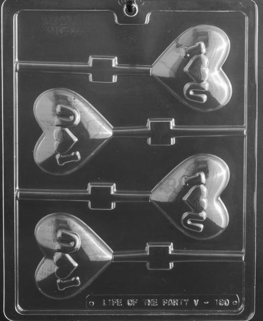 I HEART YOU Lollipop mold showing embossed lollipop heart cavities; clear mold.