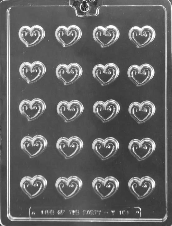 HEART SWIRL TOPPERS mold with small swirl heart cavities; clear sheet.