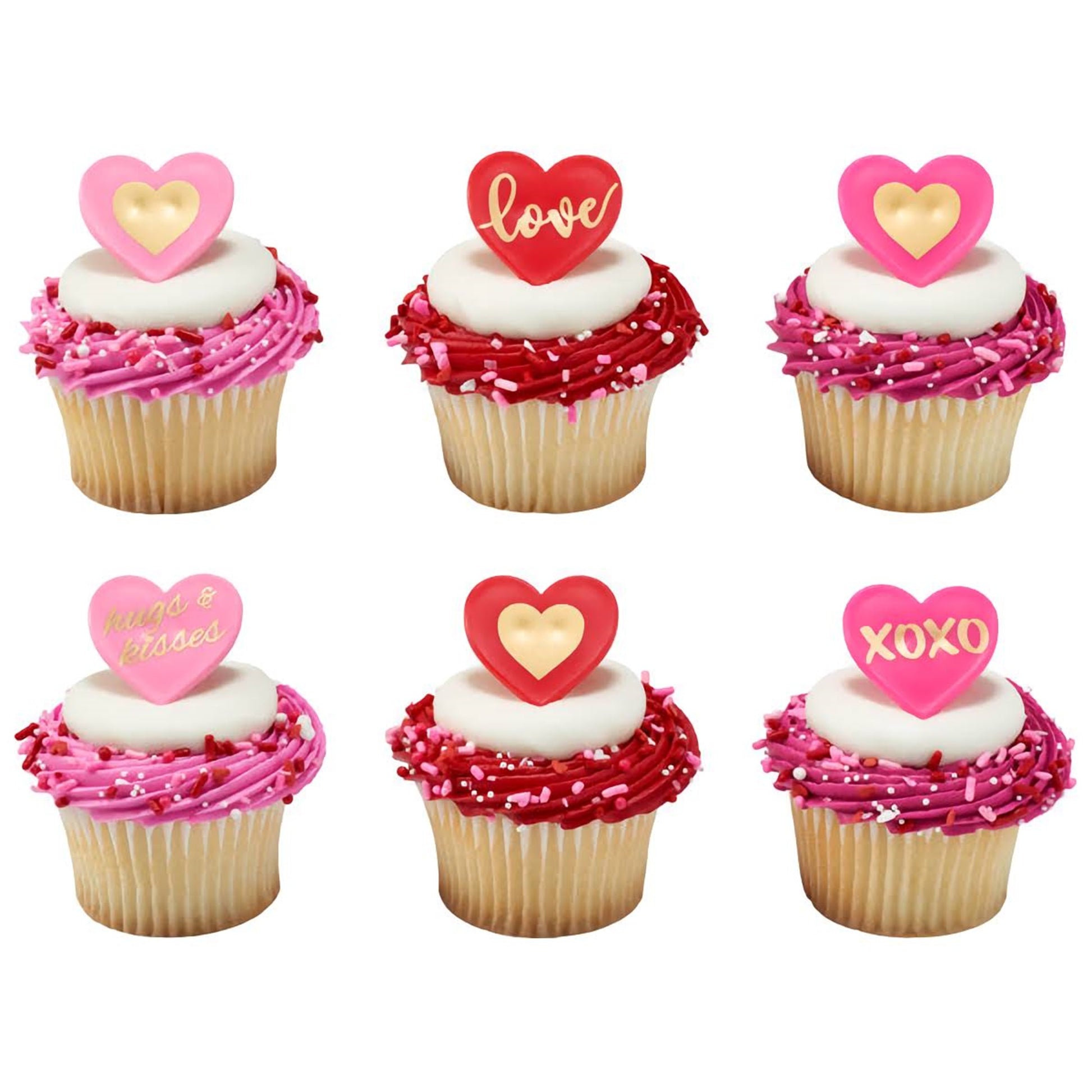 6 red and pink Heart Shaped Cupcake toppers each on top of a cupcake with red or pink frosting