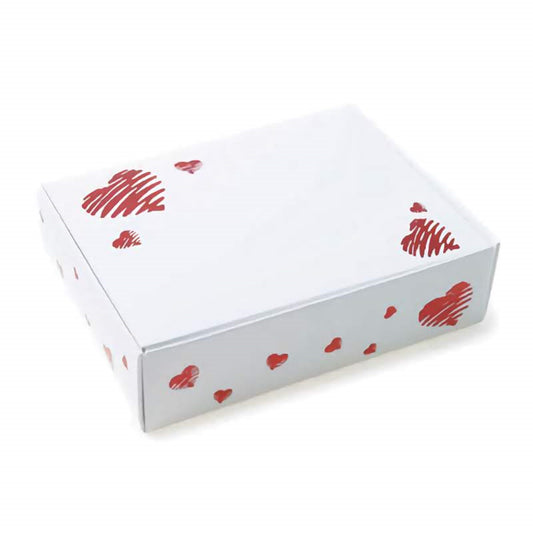White Candy box with heart designs. Quarter Pound Capacity and one piece construction