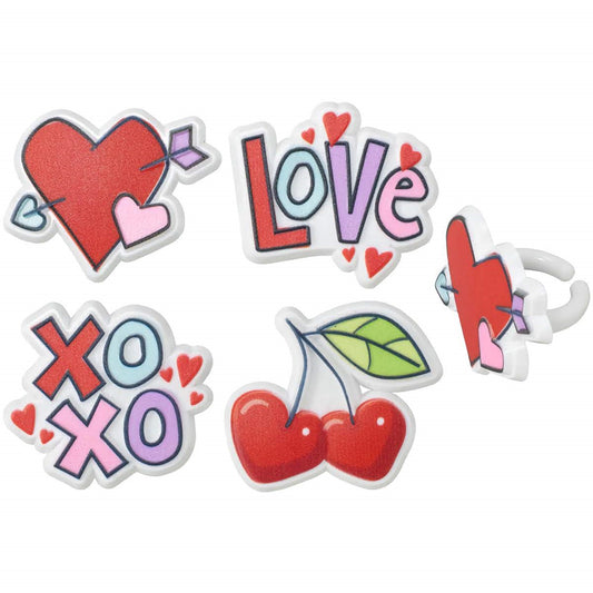 A set of vibrant cupcake rings featuring playful love and affection symbols, including hearts pierced with arrows, the word "LOVE" surrounded by hearts, cherries in a pair, and the letters "XO" with a heart accent. Perfect for adding a fun, romantic touch to sweet treats.