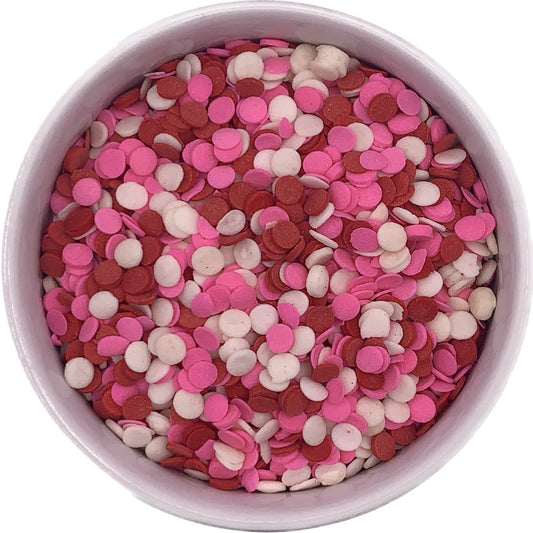 Valentine Sequin Mix sprinkles in red, pink, and white round confetti shapes, shown in a 4 oz container for cake and cookie decorating.