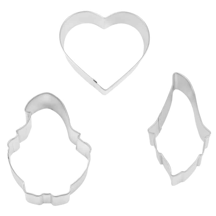 Three metal cookie cutters in gnome and heart shapes, displayed on a white background.