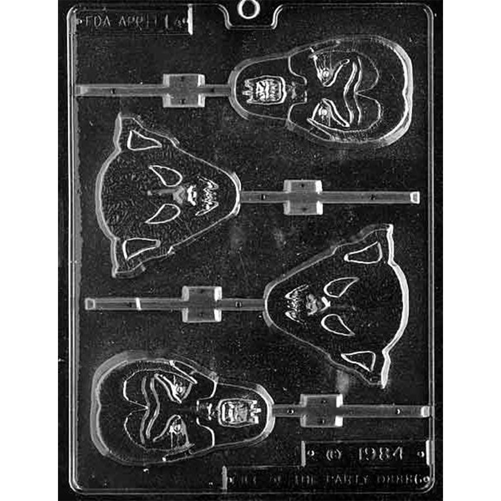Clear plastic Vampire Faces Chocolate Lollipop Mold with four cavities featuring two classic caped Dracula designs and two Dracula bat faces with built-in stick channels