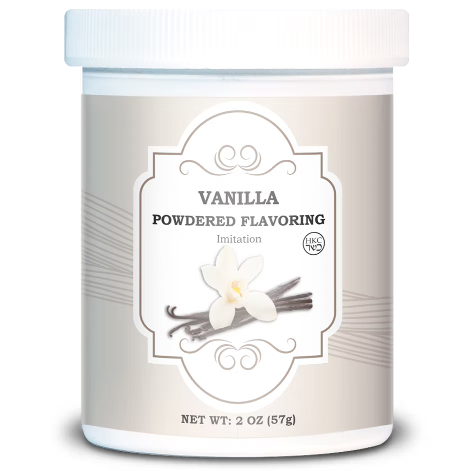 White 2 oz jar of imitation vanilla powdered flavoring with a taupe label illustrated with a vanilla flower and vanilla beans.