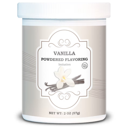 White 2 oz jar of imitation vanilla powdered flavoring with a taupe label illustrated with a vanilla flower and vanilla beans.