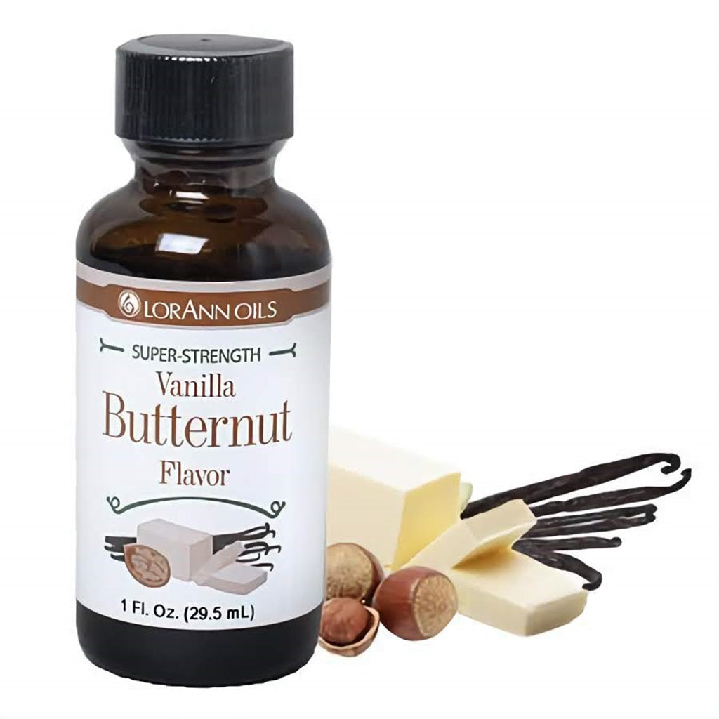 Vanilla Butternut Flavor from LorAnn, presented in a brown bottle beside vanilla pods and butternut squash, indicating its rich and creamy essence for baking.