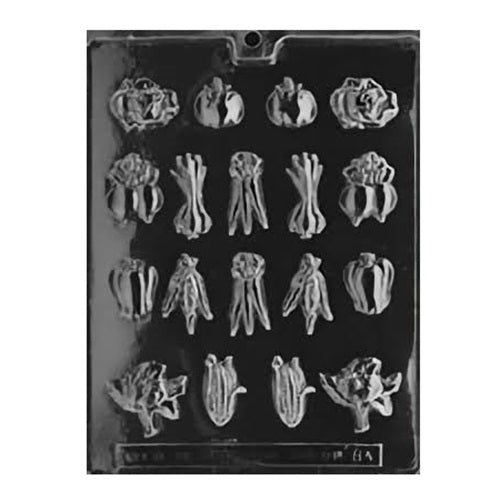 Plastic chocolate mold with various vegetable shapes including carrots, peppers, and tomatoes, for bite-sized vegetable-themed chocolates.