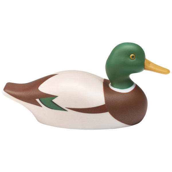 A realistic plastic duck decoy with green, brown, and white coloring.