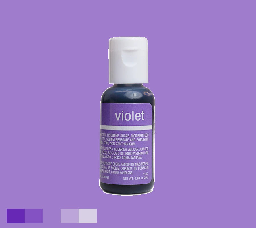 Deep Violet Chefmaster liqua-gel, 0.70 oz, for rich, elegant cake designs, with detailed ingredient label and white cap, on a purple background.