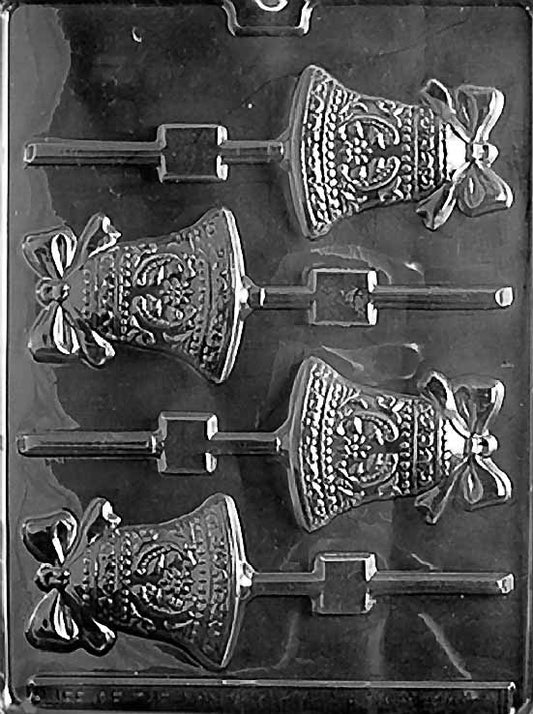 BELL Lollipop chocolate mold with bell-shaped lollipop cavities.