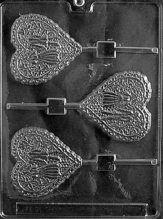 LACY BRIDE AND GROOM HEART chocolate mold with lace heart design.