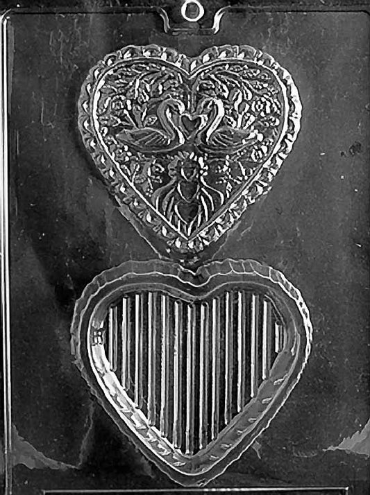 Swan Heart Pour Box mold W032, chocolate container with swans facing inward forming a heart; smooth cavity.