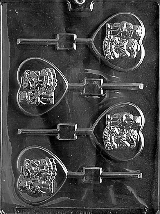 Bride and Groom Bears on Heart mold W034, chocolate heart plaque with bear bride and groom figures; shallow relief.