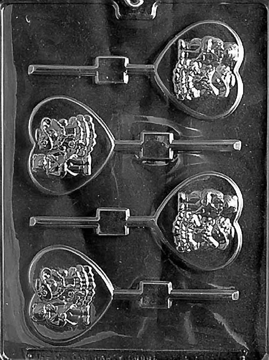 Bride and Groom Bears on Heart mold W034, chocolate heart plaque with bear bride and groom figures; shallow relief.