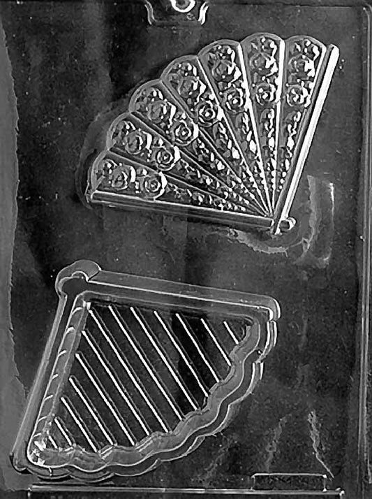 Fan Pour Box mold W040, chocolate container shaped like a folding fan with hollow interior; ornate ridges.