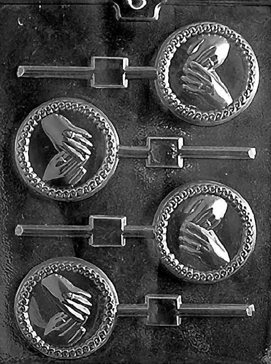 Hands with Rings Lollipop mold W052, chocolate lollipop showing two hands with wedding rings; gentle contours, slim pop profile.