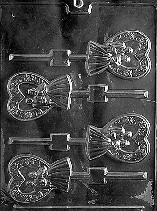 Heart Bride & Groom Lollipop mold W053, tall heart chocolate pop with couple inside; smooth rim and gentle relief details.