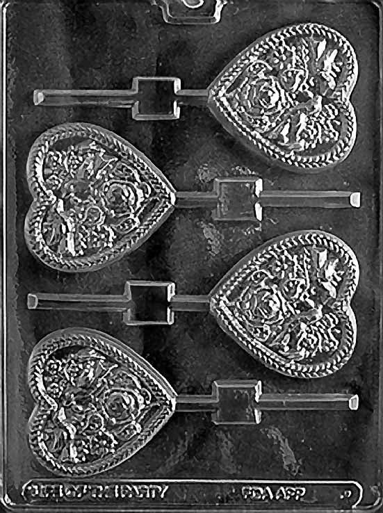 Wedding Heart with Doves mold W054, heart-shaped chocolate plaque with two doves and scroll accents; smooth surface with gentle relief.