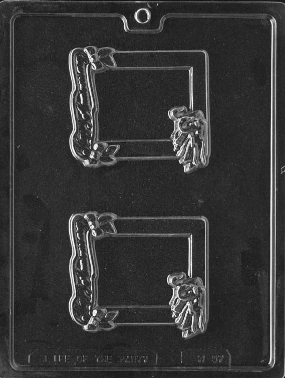 Anniversary Frame mold W057, rectangular chocolate plaque with ornate border and smooth center; shallow relief suitable for writing.