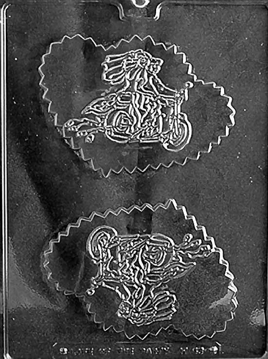 Biker Wedding Pour Box mold W063, rectangular chocolate box with motorcycle couple graphic; shallow relief on smooth surface.