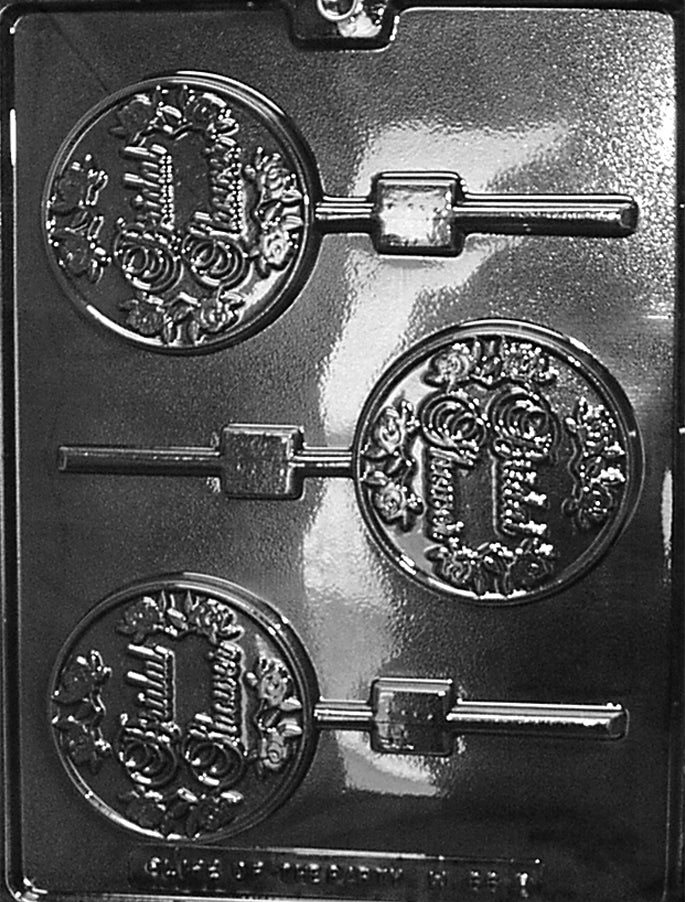 Bridal Shower Pops mold W066, assorted chocolate lollipops with bridal motifs; slim shapes with clean outlines for decorating.