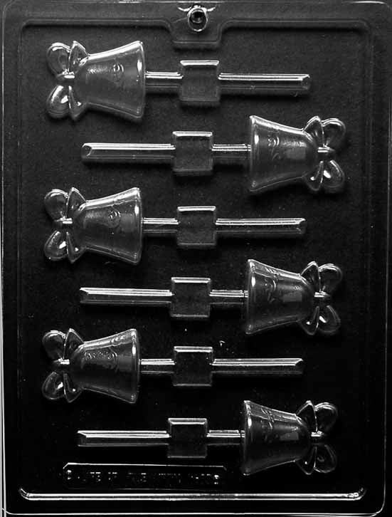 Wedding Bell Lollipop mold W068, small bell-shaped chocolate pop with defined rim and clapper; compact favor size.