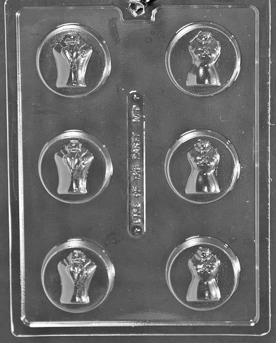 Bride and Groom Cookie mold W070, round chocolate-covered cookie top with bride and groom figures; smooth sides.