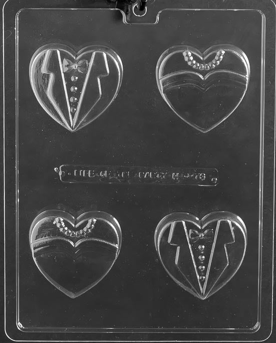 Bride Groom Heart Cookie mold W073, heart-shaped chocolate cookie cover with couple motif; smooth rim and shallow relief.