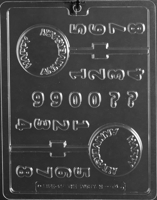 Happy Anniversary with Numbers mold W074, chocolate plaque reading Happy Anniversary with separate small number pieces; clean edges.
