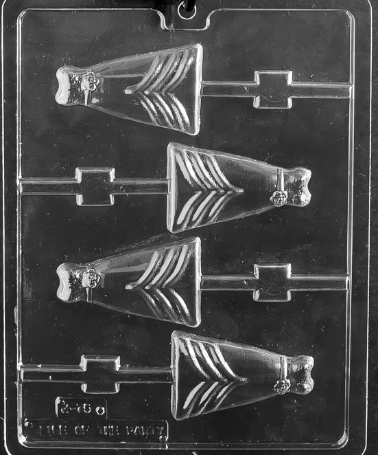 Bridal Dress Lollipop mold W075, chocolate pop shaped like a wedding gown with flared skirt and fitted bodice.