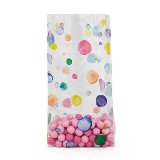 Clear gusseted cello bag with colorful watercolor confetti dot pattern, filled with pink candy balls, perfect for party favors or retail display.