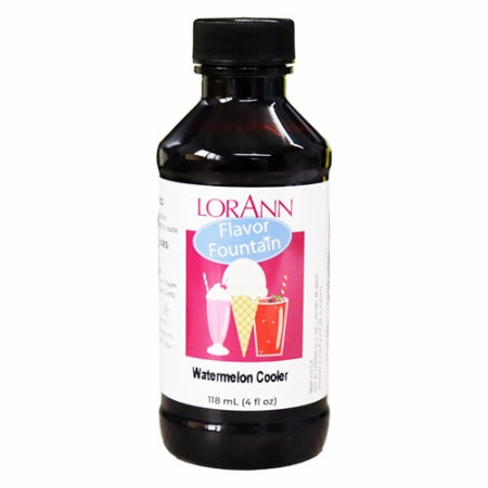LorAnn Watermelon Cooler Flavor Fountain bottle with illustrated label of ice cream and shakes, used to flavor frozen desserts with crisp watermelon flavor