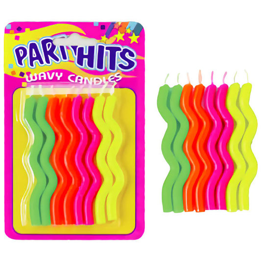 Wavy Neon Birthday Candles in assorted neon colors (green, orange, pink, yellow), each measuring 3 1/2" tall, 8 candles per package, perfect for adding a fun twist to birthday cakes.