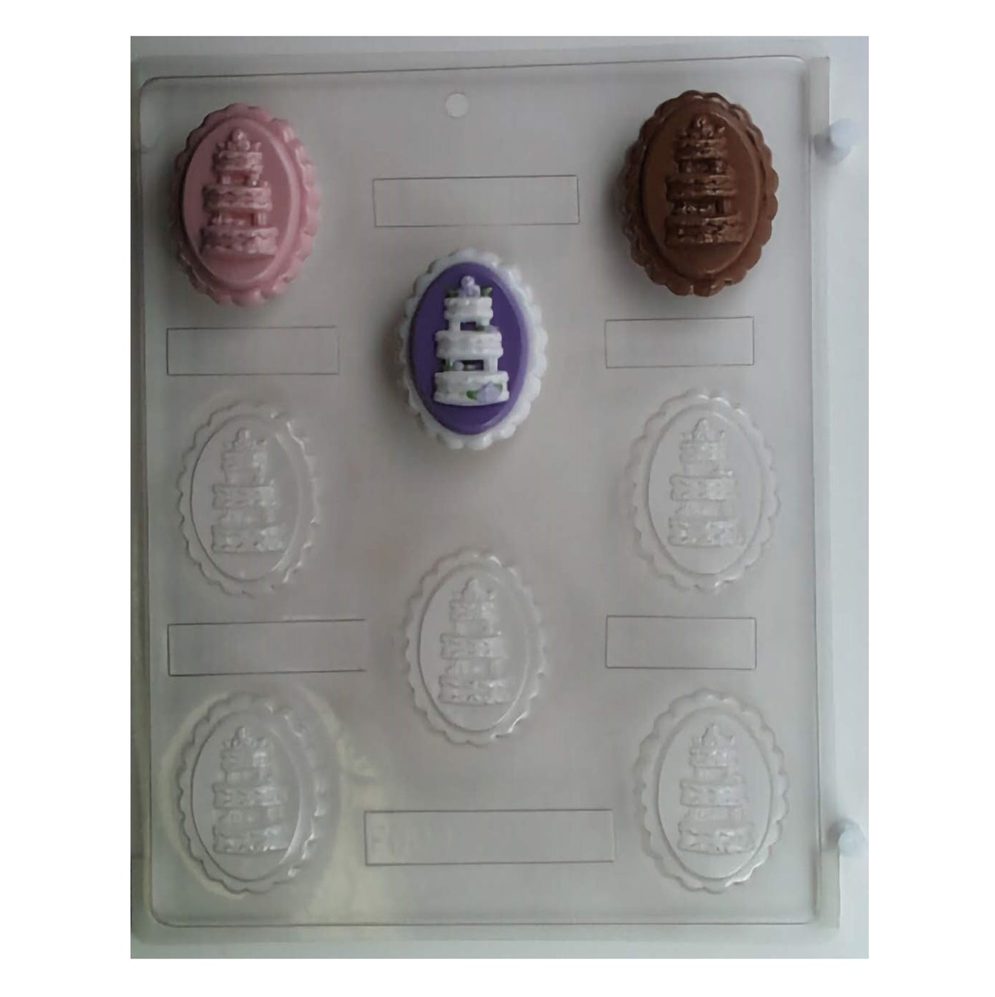  A clear plastic chocolate mold designed for creating wedding cake-shaped chocolates, featuring intricate tiers and decorations, perfect for wedding favors or bridal shower treats