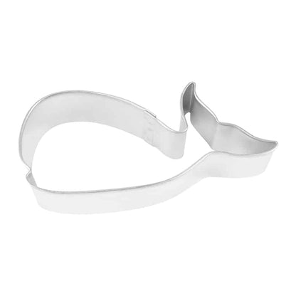 Whale-shaped cookie cutter made of metal, featuring a curved body and fluke tail design.