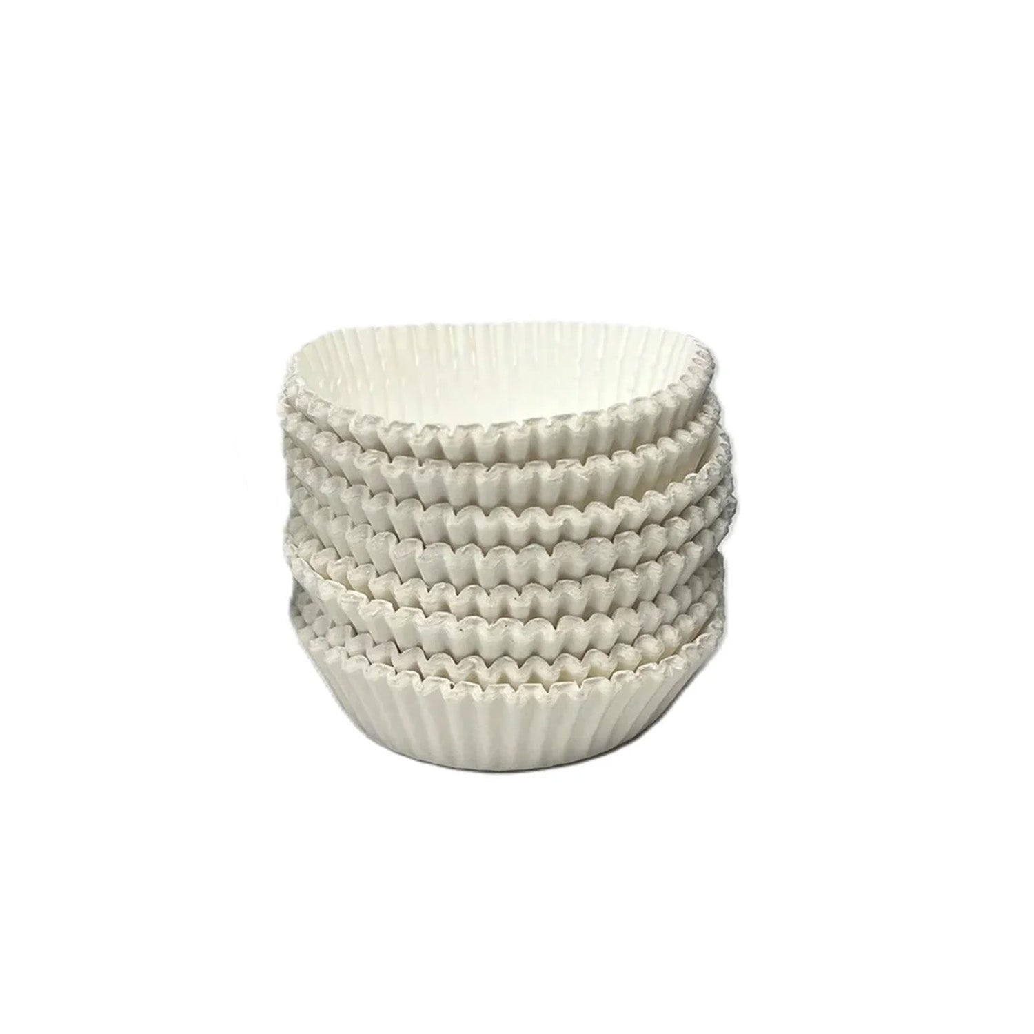 Stack of white fluted candy cups with ridged accordion sides, shown nested together on a white background.