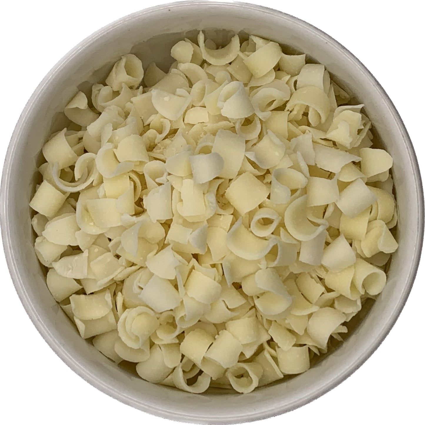 Delicate white chocolate curls, perfect for decorating cakes, cupcakes, and pastries with a touch of elegance.