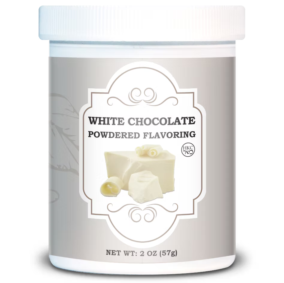 White 2 oz jar of white chocolate powdered flavoring with a gray label illustrated with assorted pieces of white chocolate.