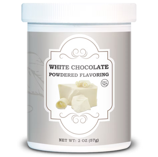 White 2 oz jar of white chocolate powdered flavoring with a gray label illustrated with assorted pieces of white chocolate.