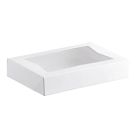 White auto-popup bakery box with a clear window, designed for packaging cookies, pastries, and baked goods.