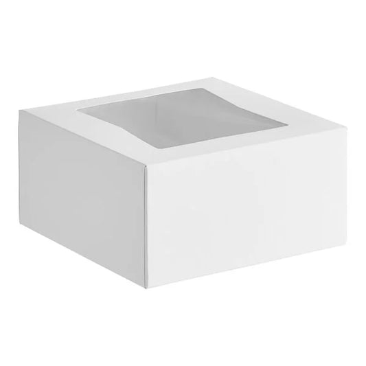 White auto-popup bakery box with a clear window, designed for packaging cookies, pastries, and baked goods.