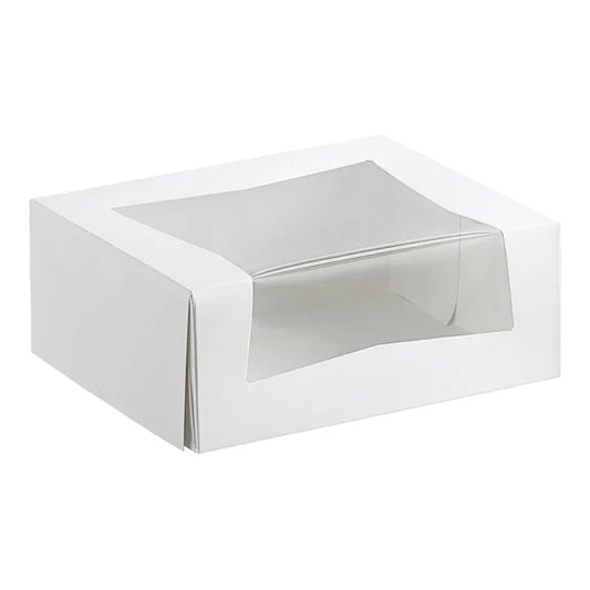 White auto-popup bakery box with a clear window, designed for packaging cookies, pastries, and baked goods.