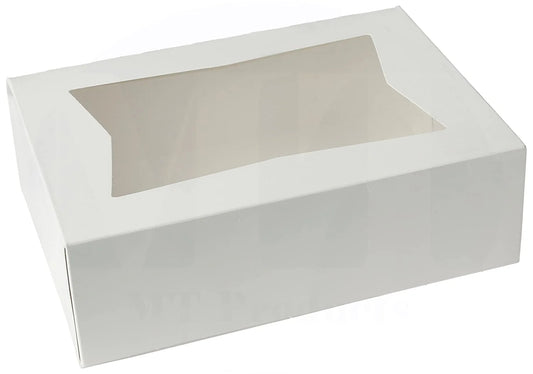 White auto-popup bakery box with a clear window, designed for packaging cookies, pastries, and baked goods.
