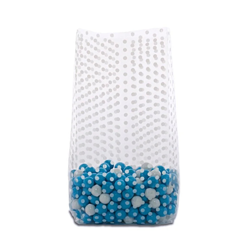 Clear gusseted cello bag with all-over white dot pattern, filled with blue and white candy, perfect for party favors, gifts, or retail packaging.